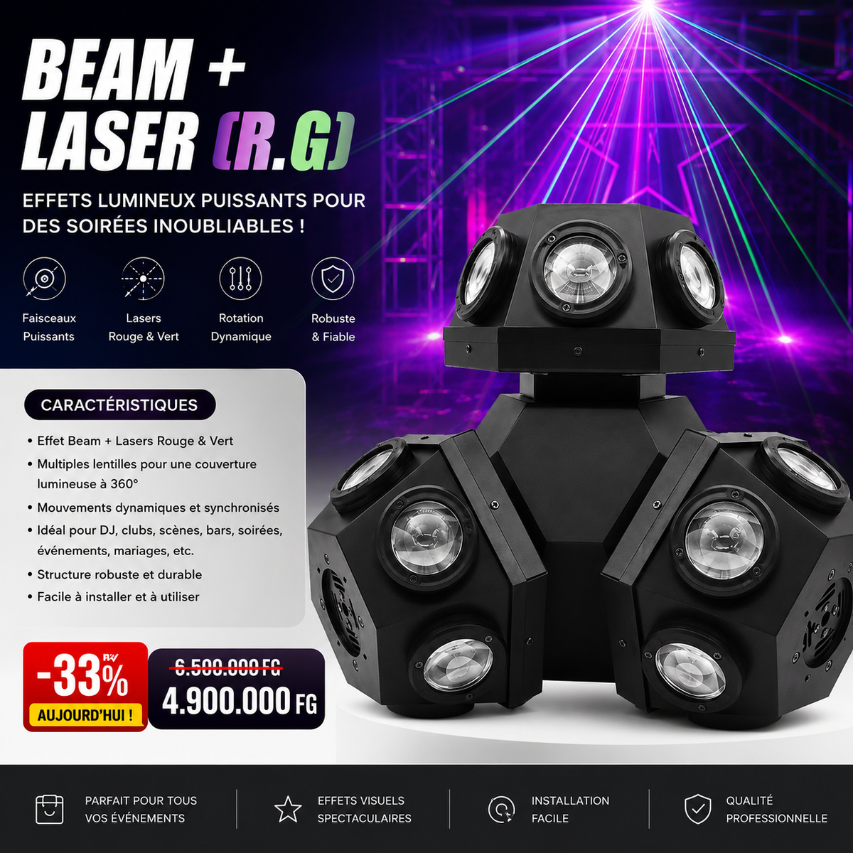 🎛️ Projecteur de Scène à Trois Têtes RGBW 3 en 1 Laser LED