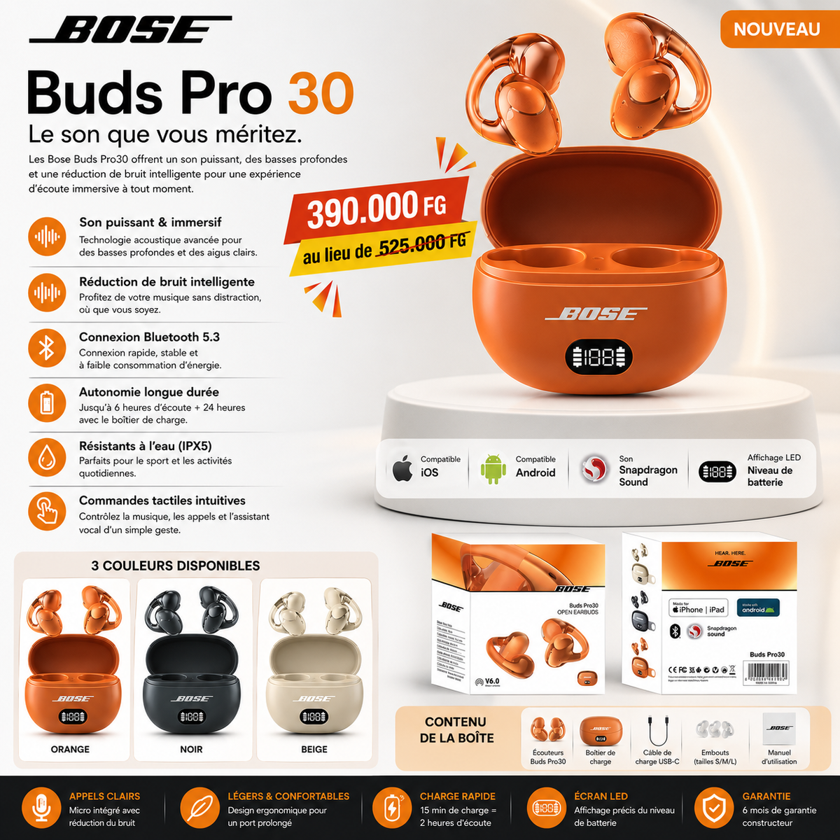 BOSE Buds Pro 30 – Écouteurs Sans Fil Premium