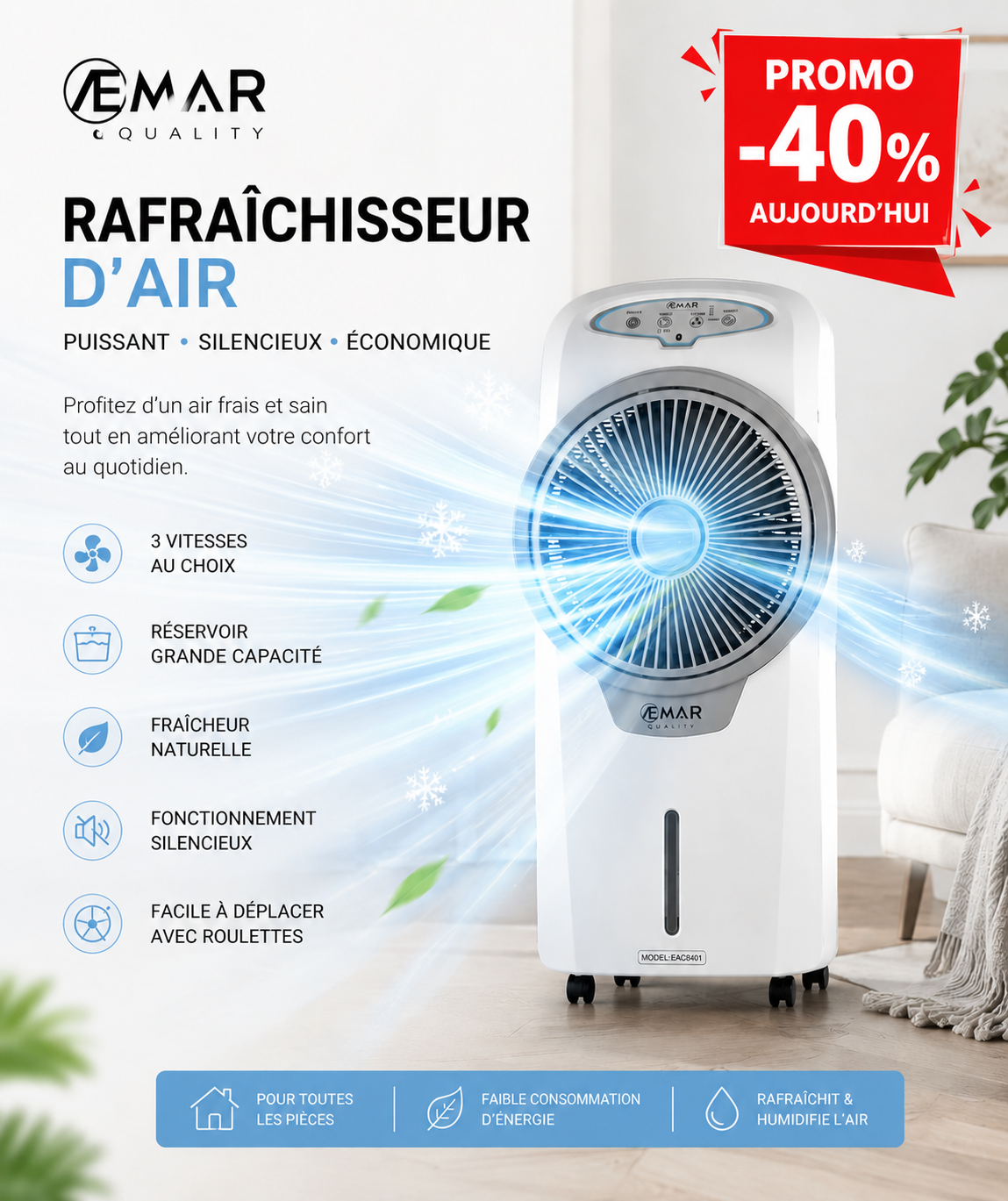 Refroidisseur d’Air Rechargeable AEMAR EAC8401 Fraîcheur Nomade et Performance