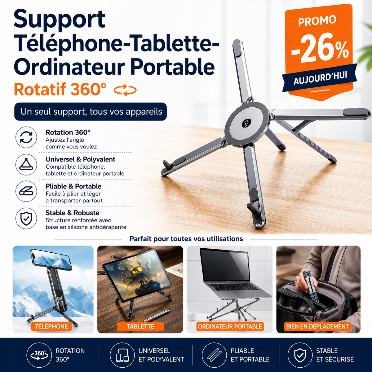 Support Téléphone-Tablette-Ordinateur Portable Rotatif 360 - ErgoPivot