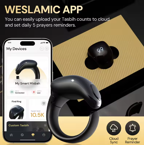 Weslamic – anneau intelligent Tasbeeh Zikr, compteur numérique de comptage islamique pour les musulmans, rappel de prière, charge magnétique, étanche
