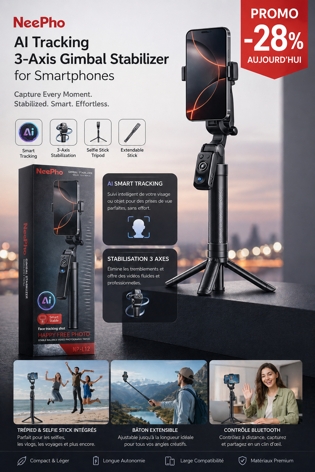 Stabilisateur Gimbal NeePho NP-L12 – Selfie Stick Intelligent avec Trépied
