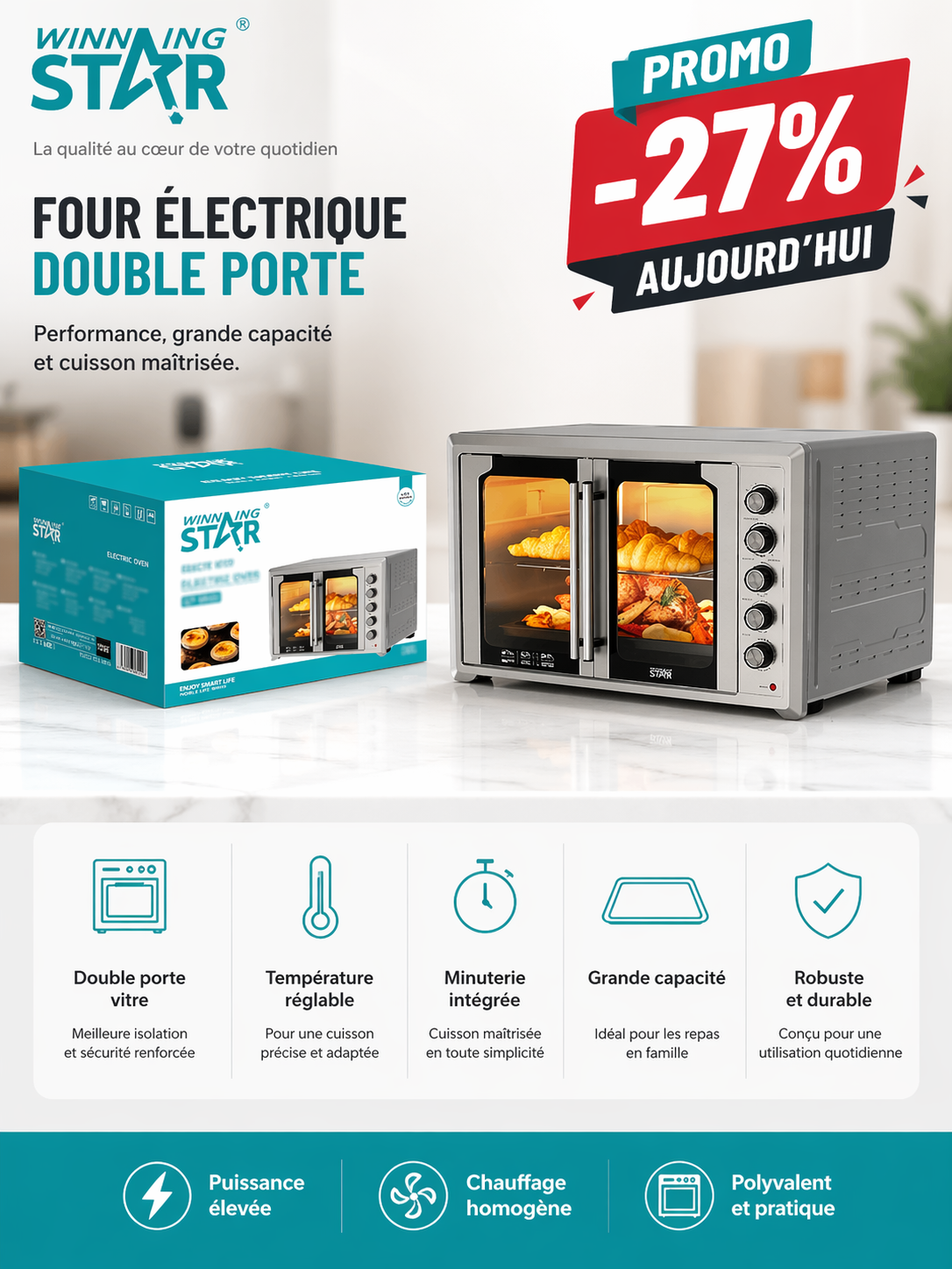 Four à pizza électrique professionnel double porte en verre WINNING STAR – 100L/120L