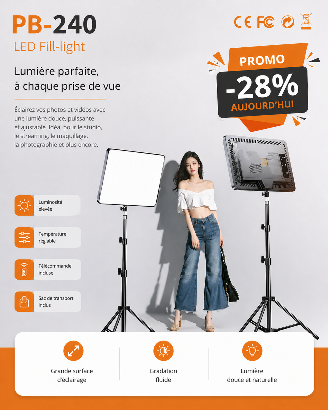 LED Fill Light PB-240 – Éclairage Professionnel Haute Performance