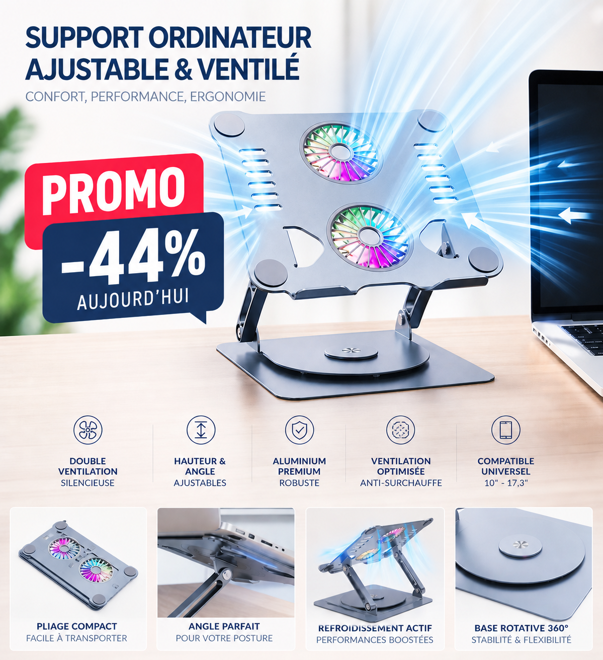 Support PC Ergonomique et Performant à Double Ventilation RGB