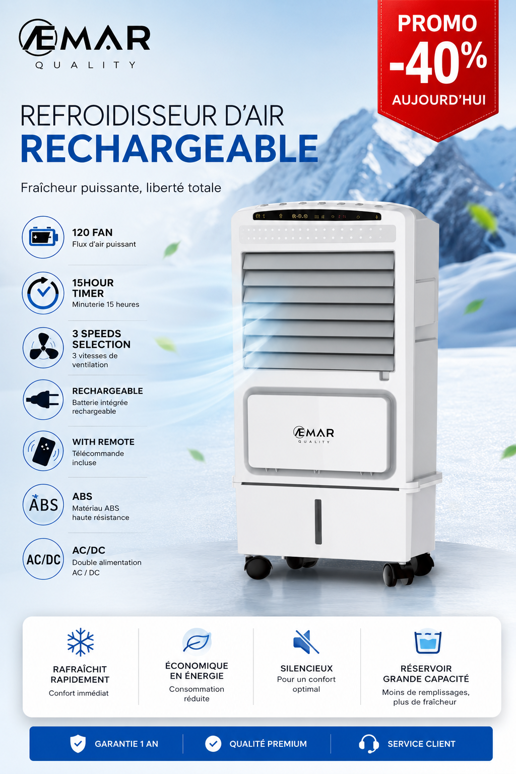 Refroidisseur d'Air Rechargeable AEMAR AEM1181 - Fraicheur Intense et Sans Fil