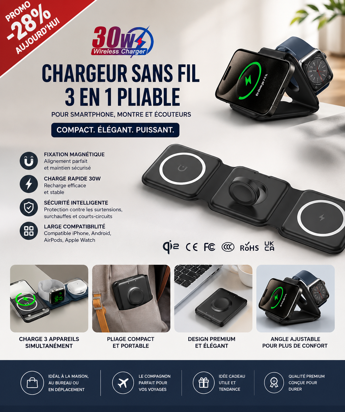 Station de Charge Magnétique Pliable Original Qi2 3-en-1 - Le Chargeur de Voyage Ultime 30W