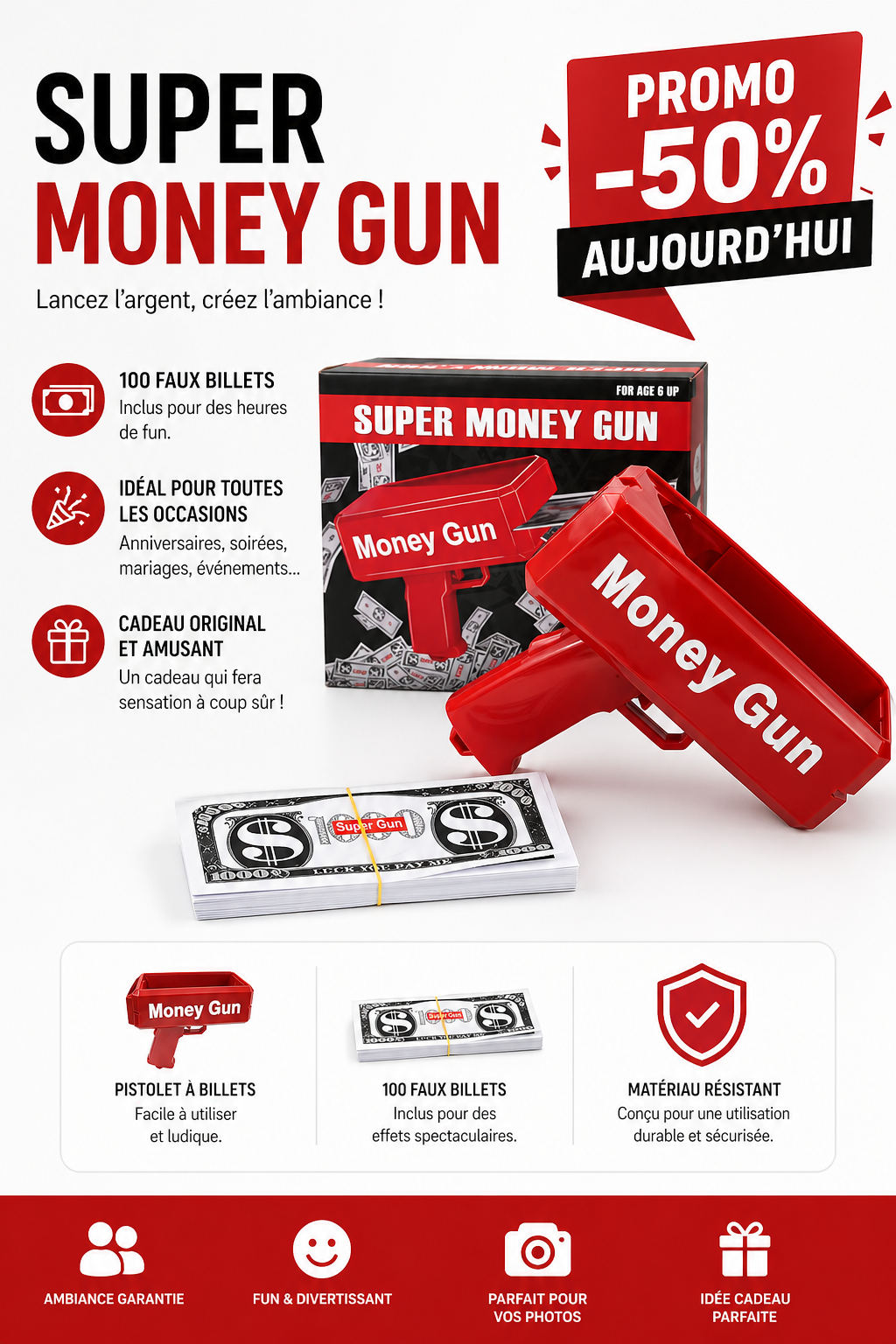 Pistolet à Billets Money Gun Rouge – Effet Show Instantané