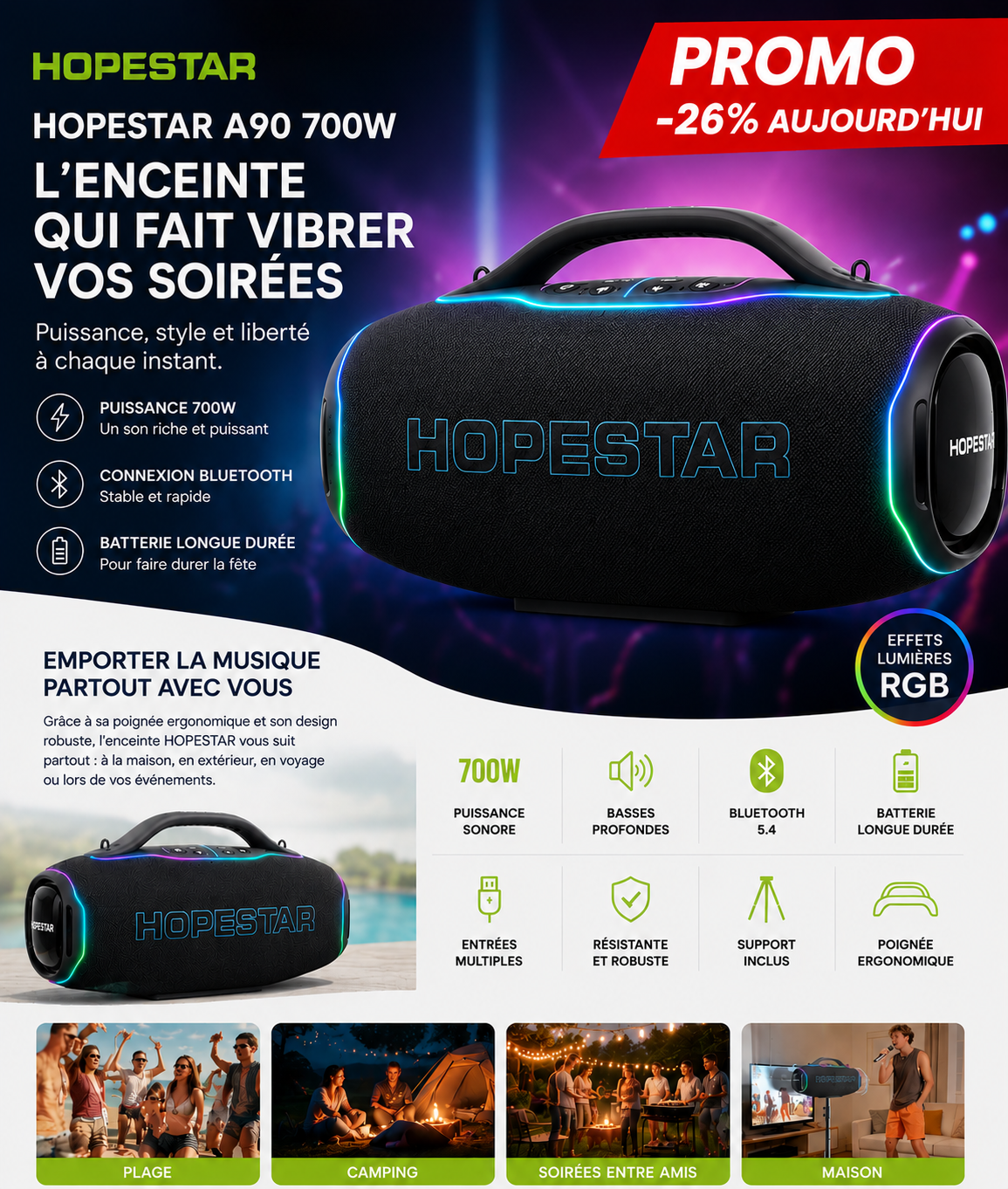 Enceinte Bluetooth HOPESTAR A90 - Puissance Sonore 700W et Karaoké RGB