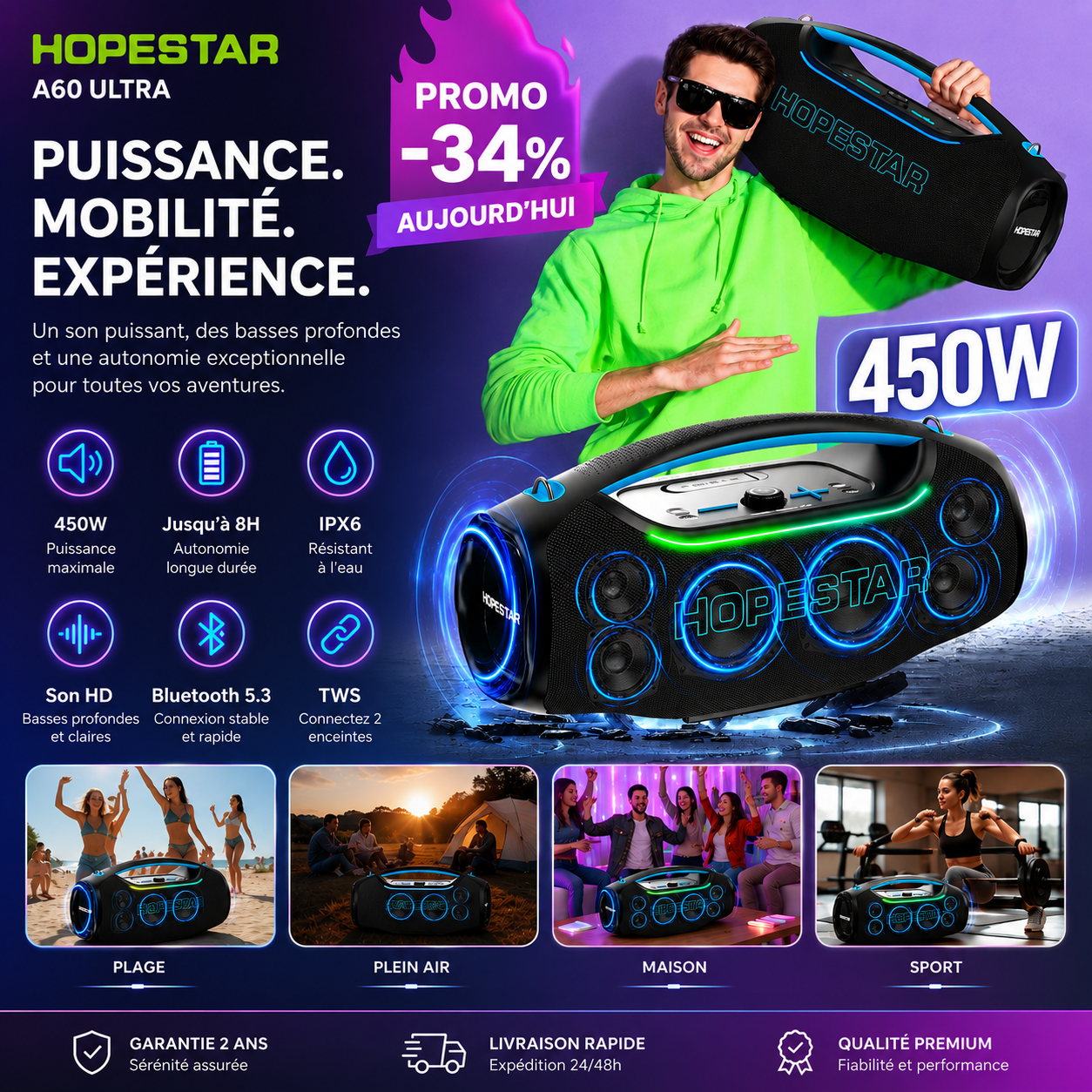 Hopestar A60 Ultra Enceinte Bluetooth de Soirée Haute Fidélité à 450W