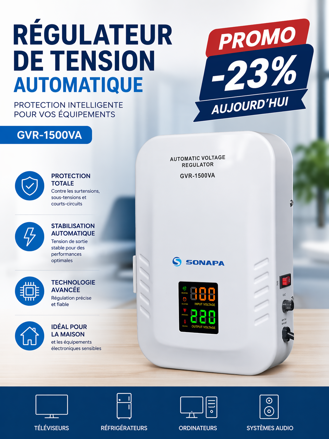 Régulateur de Tension Automatique YAKI 3000 VA  - Protection Optimale