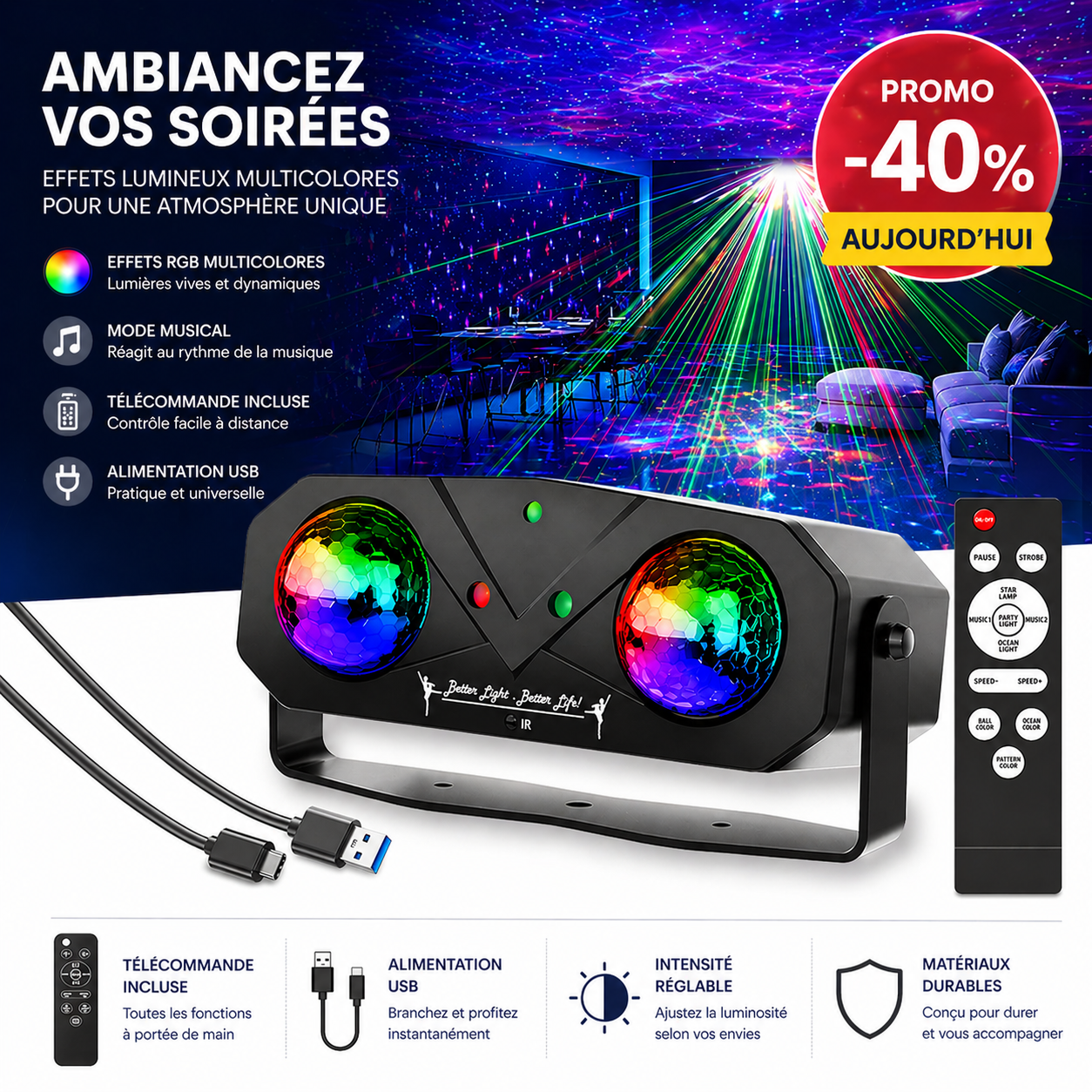 Projecteur Laser LED RGB avec Télécommande