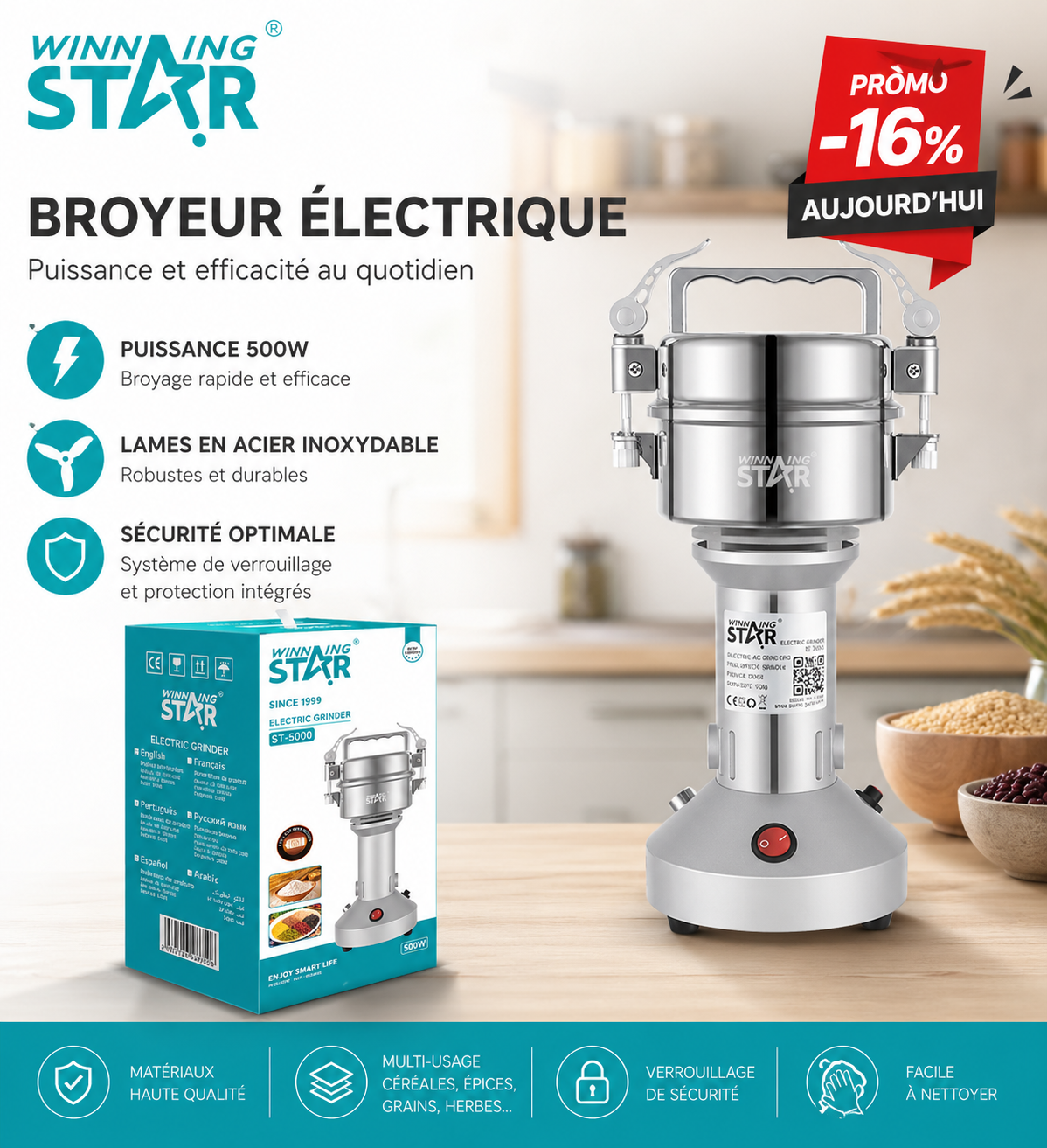 Moulin Électrique Professionnel 900W – Winning Star ST-9401