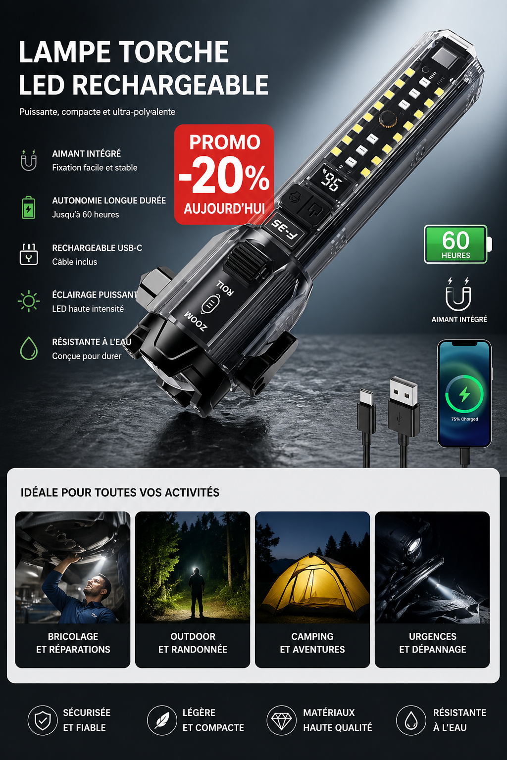 Lampe Torche Multifonctionnelle Ultime : Votre Compagnon d'Aventure