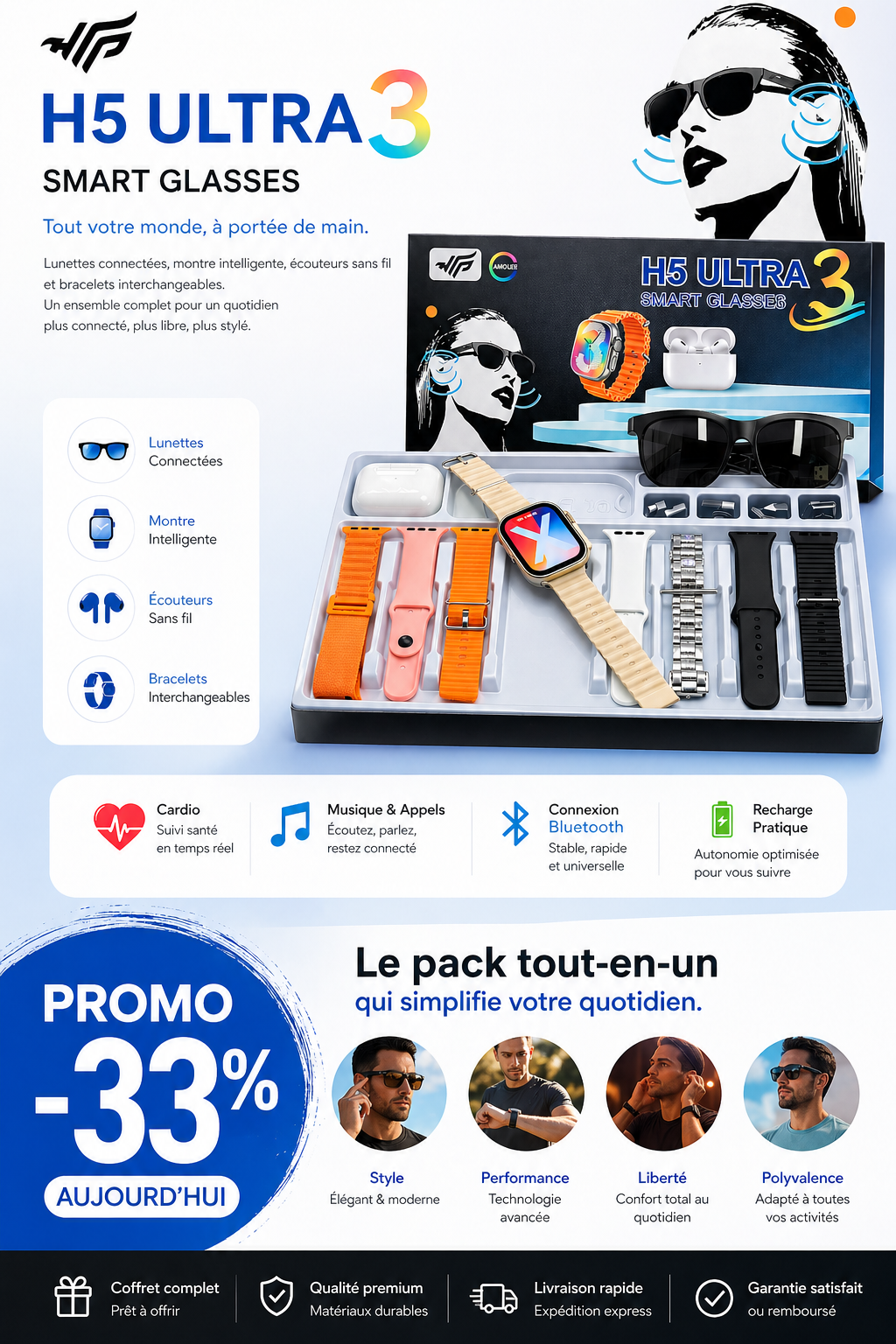 H5 Ultra 3 Smart Glasses – Le Coffret Intelligent 3 en 1 qui Révolutionne Votre Style