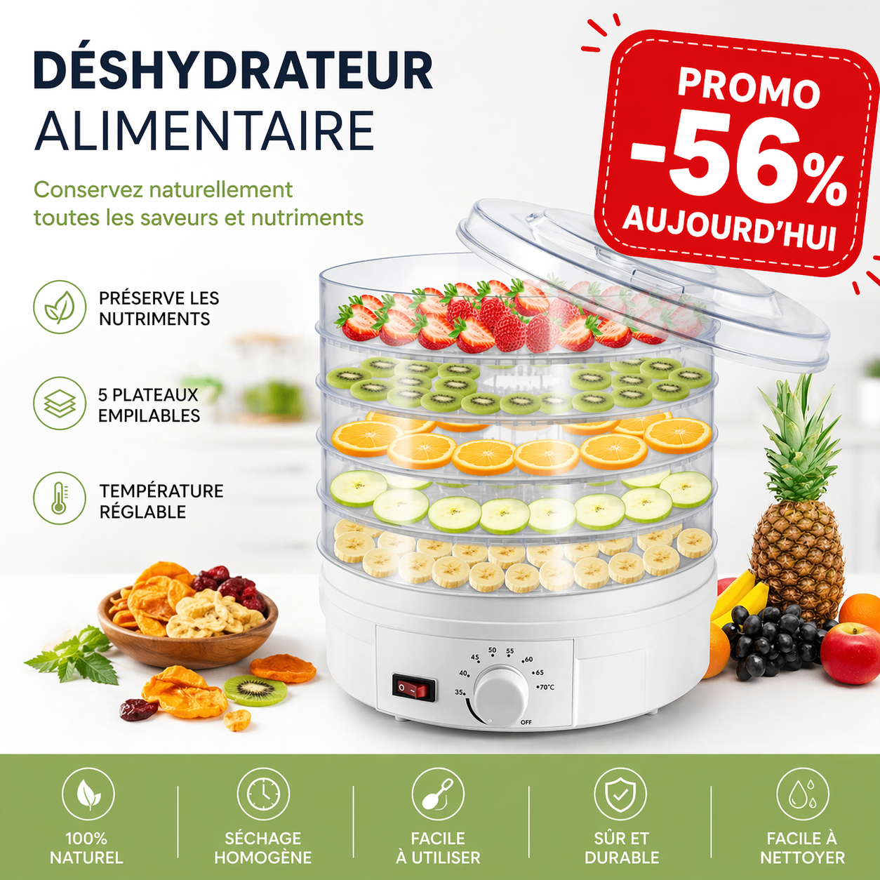 Déshydrateur Alimentaire Électrique Éco-Responsable à 5 Plateaux